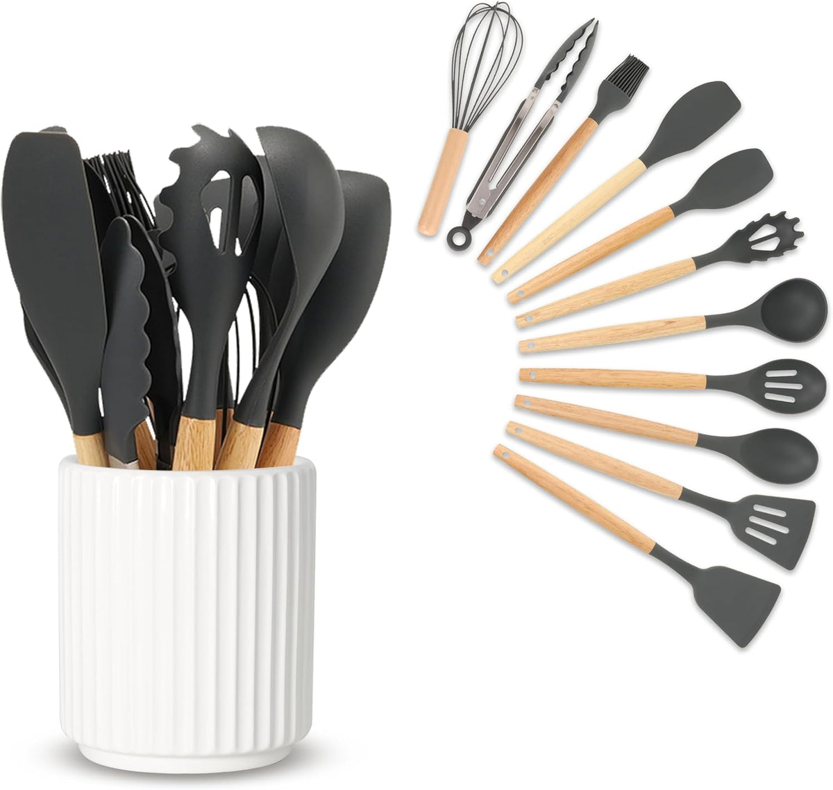 Small Utensil Holder for Kitchen Counter (H5.51” x W4.92”) Ceramic Countertop Utensil Holder for Kitchen Utensils Crock for Countertop Includes Silicone Drying Mat Light Cadetblue