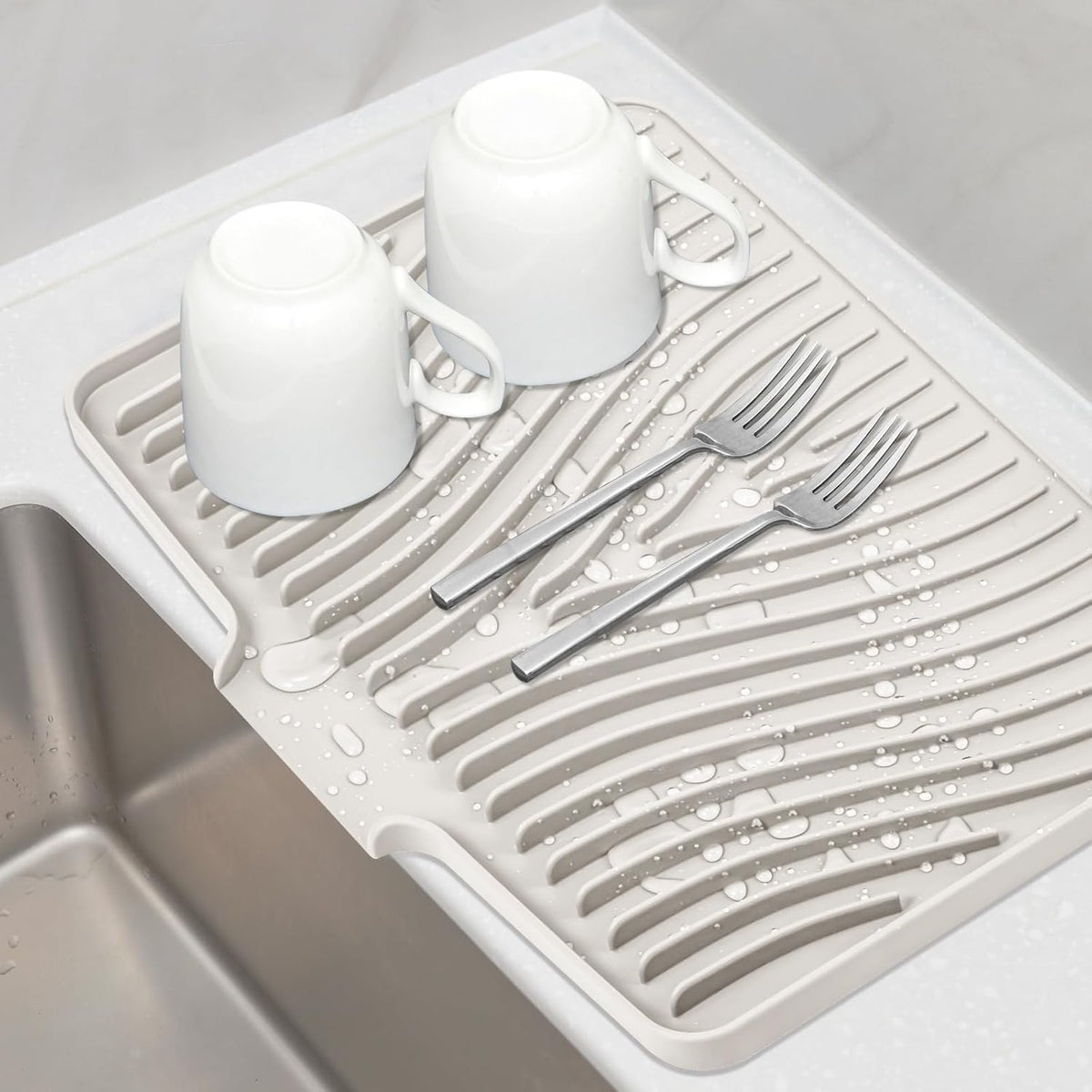 Silicone Dish Drying Mat for Kitchen Counter, Dish Drying Pad, Non-Slip Drain Pad with Built-in Drain, Heat Resistant Stone Drying Mat(15.8" x 13", Cream)