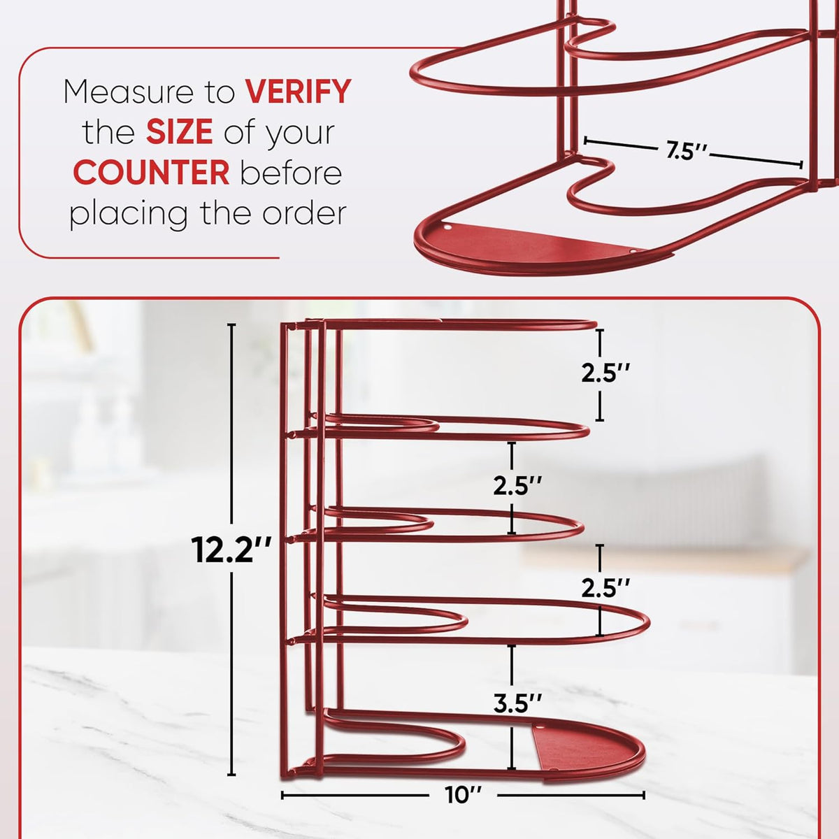 Heavy-Duty Pots and Pans Organizer | 5-Tier Cookware & Lid Storage Rack | Free-Standing or Wall-Mount | Kitchen Organizer for Cast Iron Skillets, Pots, Frying Pans, Lids | Red