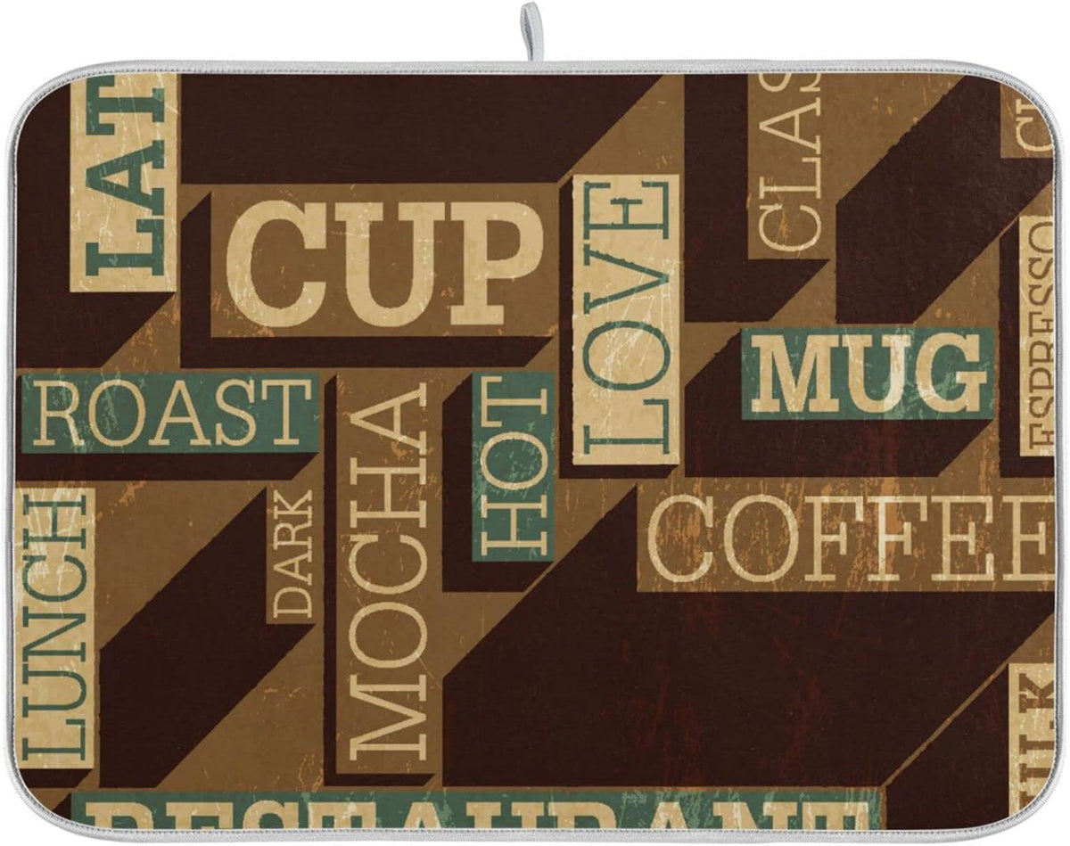 senya Super Absorbent Dish Drying Mat, Microfiber Fast-Drying 24'' x 18'', Kitchen Pad, Coffee Themed Seamless Retro