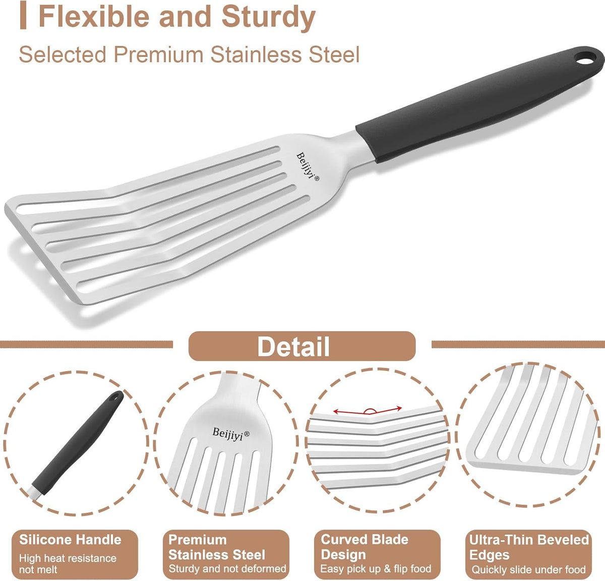 Beijiyi Stainless Steel Fish Spatula Set of 2, 13.5" & 11.7" Slotted Turner with Silicone Handle, Curved Blade, Metal Spatulas for Kitchen Use, Cooking Utensils for Flipping Fish, Burger and Grilling
