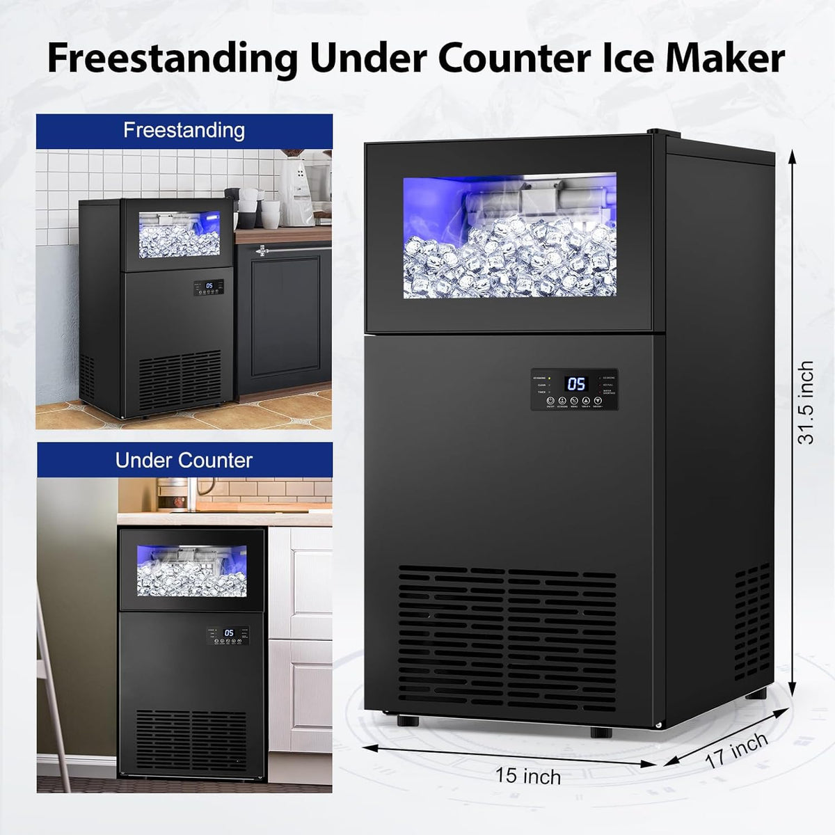 Commercail Ice Maker 130Lbs/24H with 35Lbs Ice Capacity,Upgraded 15" Wide Under Counter Ice Machine 45Pcs Ice Cubes,Commercial Ice Machine Self Clean Stainless Steel Built-in or Freestanding