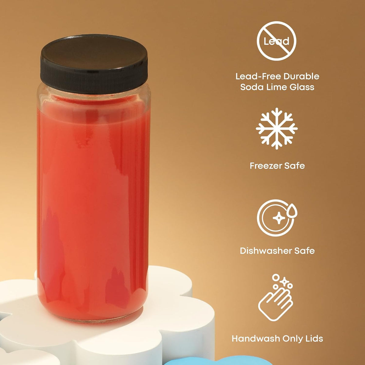 JoyJolt Glass Juice Bottles, 16 oz Glass Bottles with Caps. Set of 8 Juice Containers with Lids for Fridge, and Labels for Juice Jars. Glasses for Juice, Cold Brew Bottles, Smoothie Jars