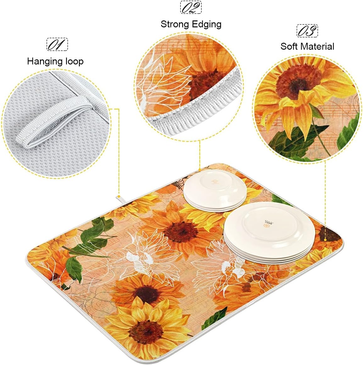 Super Absorbent Dish Drying Mat, Microfiber Fast-Drying Dish Mat, 24" x 18", Kitchen Dish Drying Pad, Watercolor Sunflowers