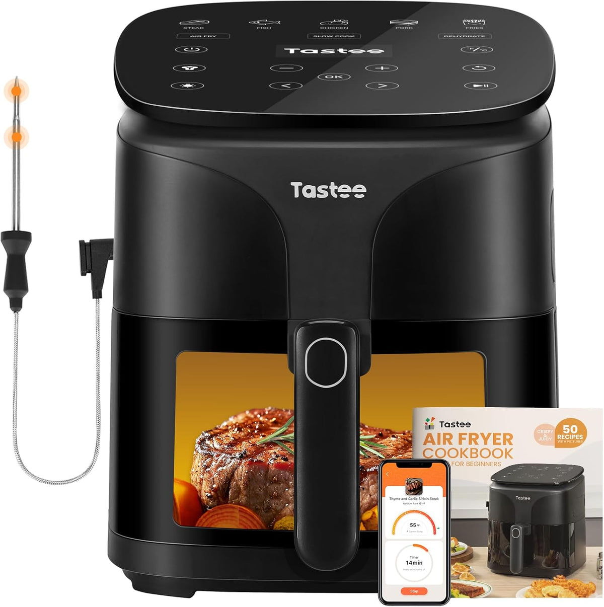 Tastee Air Fryer, 8-in-1 Compact 5.5QT AirFryers, 450°F Digital Airfryer Dehydrator with Dual-sensor Smart Probe, 24 Presets One-touch Cooking, In-app Recipes with Window, Dishwasher-safe & Non-stick