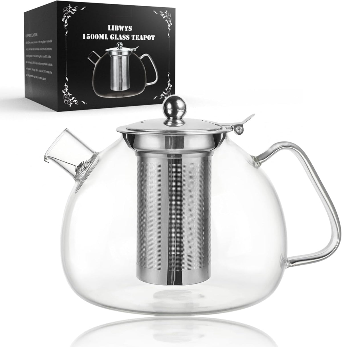 LIBWYS 1500ml(51oz) Glass Teapot, Teapot with Removable Infuser, Stovetop Safe Tea Pot made of Heat-resistant Borosilicate Glass, Blooming and Loose Leaf Tea Maker, Easy to Clean