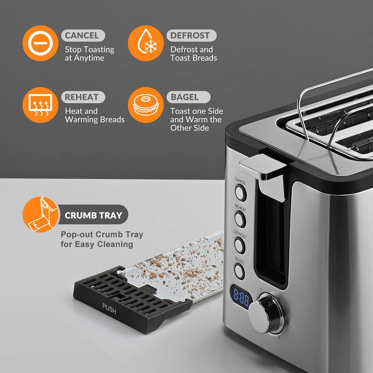 Mecity Toaster 2 Slice Stainless Steel with Countdown Timer, Bagel / Defrost / Reheat / Cancel Functions,Warming Rack, Removable Crumb Tray, 6 Browning Settings, Extra Wide Long Slots, Bread Toaster, 800 Watts