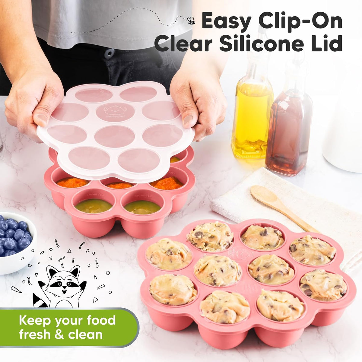 KeaBabies Silicone Food Freezer Trays with Lid, 2oz x 10 Pods Baby Food Storage Containers, Easy Puree Meal Prep, Breast Milk Silicone Freezer Molds, Dishwasher,Microwave Safe,BPA-Free(Blossom)