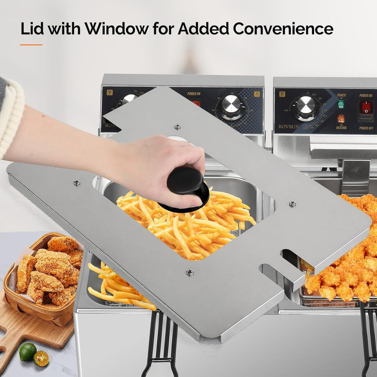 ROVSUN 36QT Electric Deep Fryer 240V, 6600W Dual Tank Commercial Deep Fryer w/ 60-Min Timer Overheat Protection Adjustable Feet, Temp Control & Baskets, Stainless Steel Countertop Fryer for Restaurant