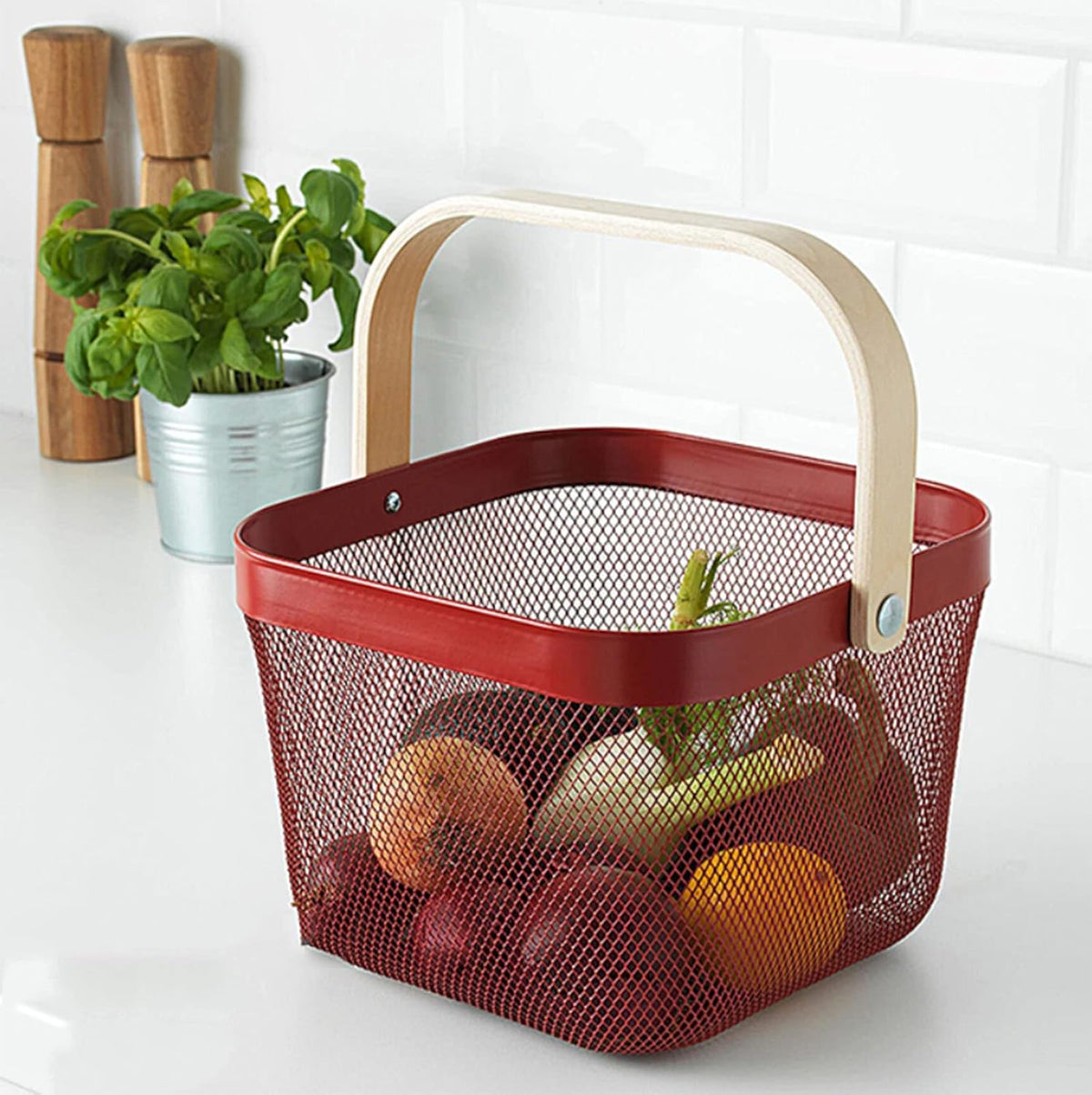 Metal Mesh Steel Basket, Storage Organizer Basket Multi-functional Hanging Kitchen Baskets Fruit Basket Bin with Bamboo Handle for Kitchen Bathroom Picnic Shopping Decor Cabinet Home, Red