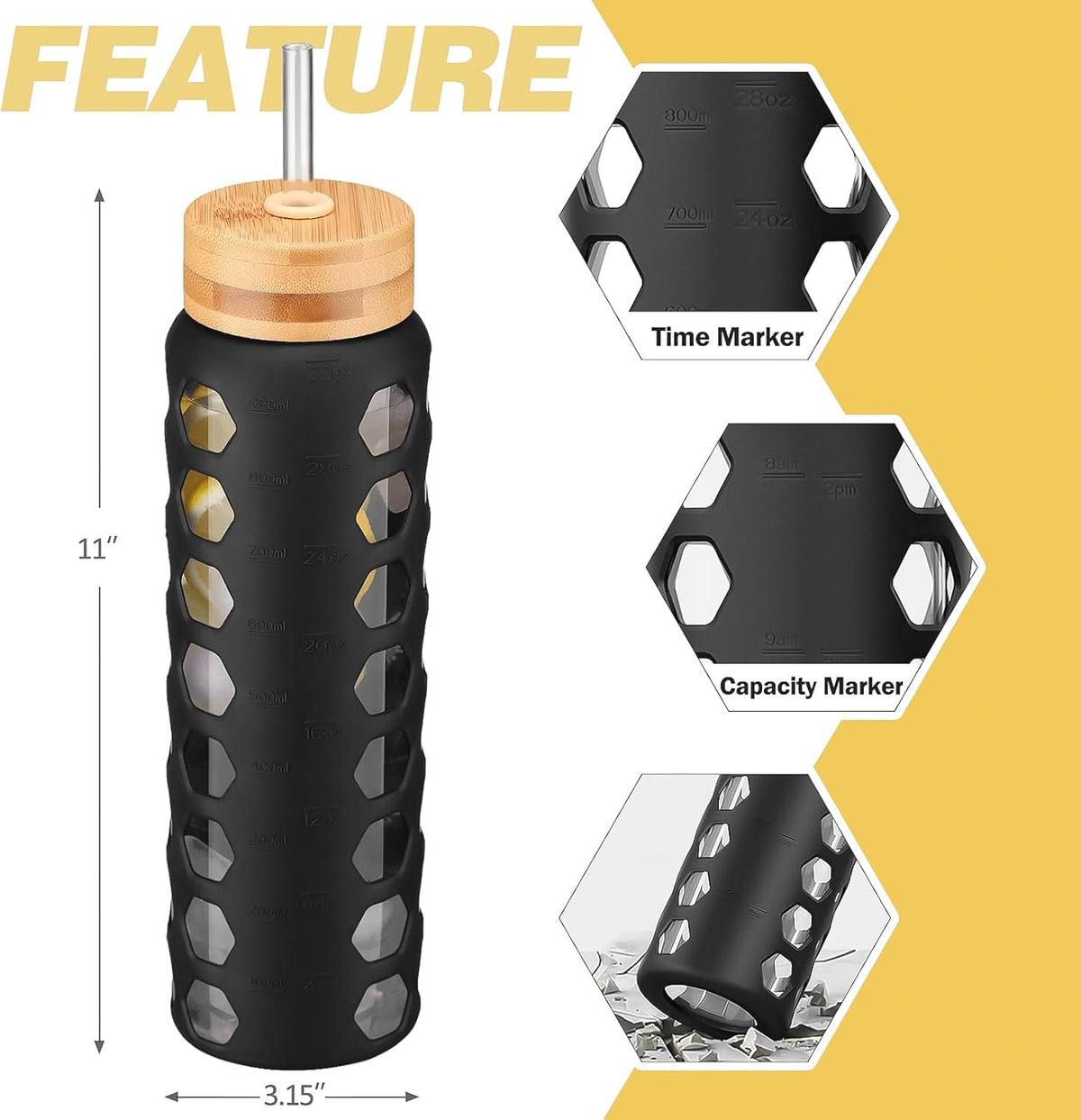 MUKOKO Glass Water Bottles, 32oz Glass Tumbler with Straw, Drinking Bottles with 2 Lids-Handle Spout Lid&Bamboo Straw Lid, Motivational Water Bottle with Time Marker and Silicone Sleeve, 1 Pack-Black