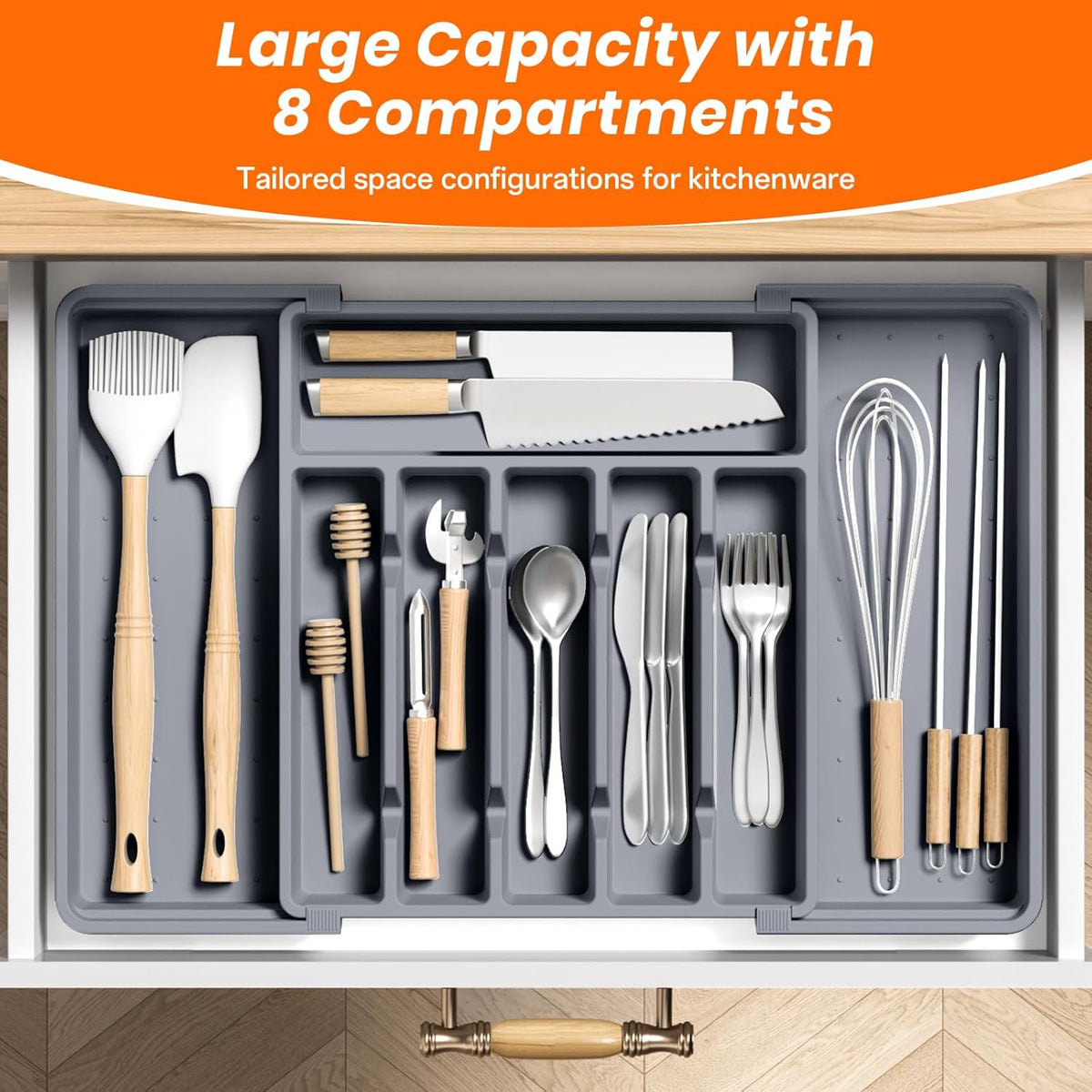 Large Silverware Organizer,Expandable Utensil Drawer Organizer,BPA Free Utensil Holder,Adjustable Silverware Tray Cutlery Drawer Organizer for Kitchen Flatware,Large,Grey (6-8 Slots)