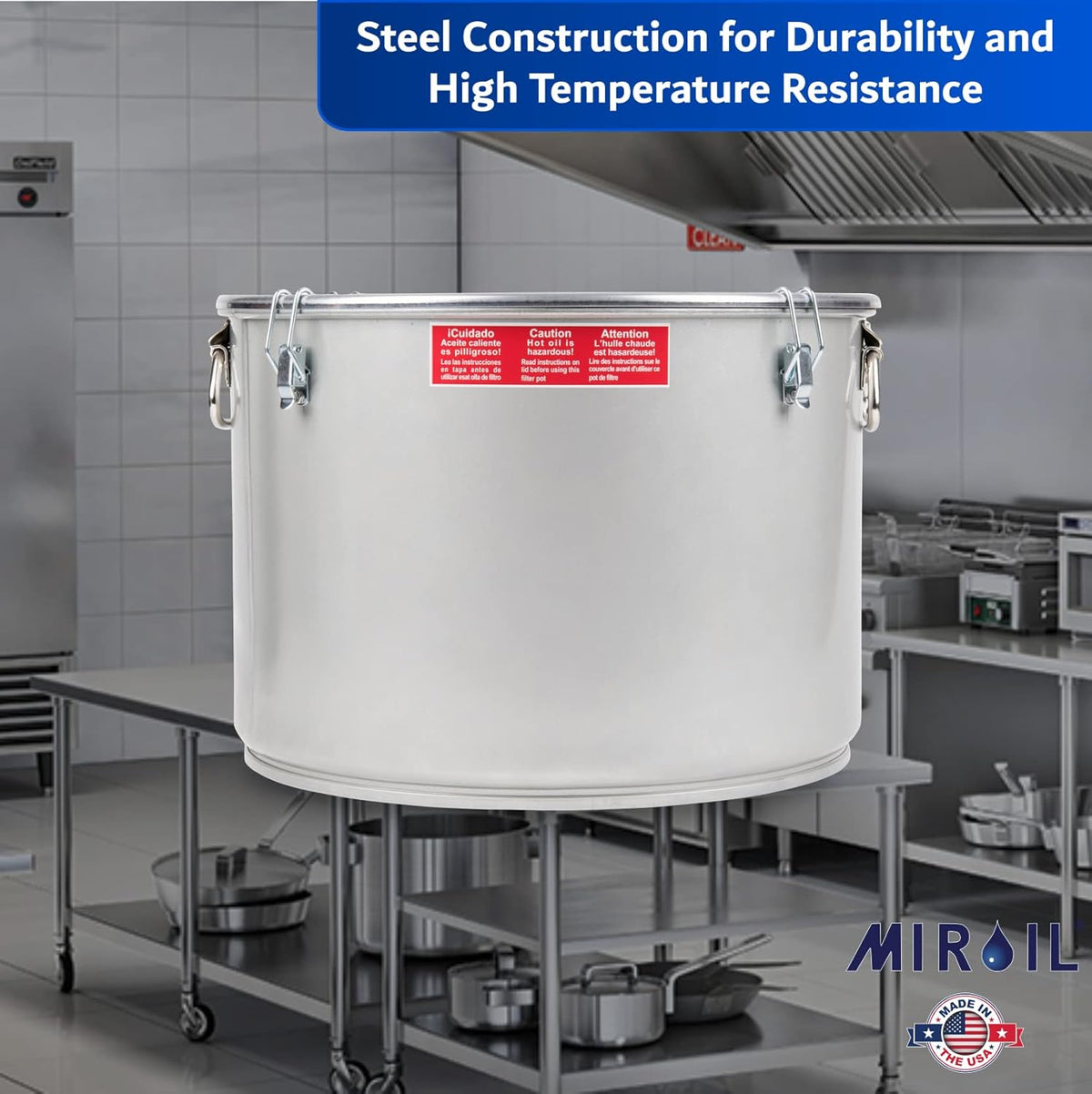 MirOil 7 Gal Grease Bucket & Oil Filter Pot, Made USA, Gasket Safety Lid with Lock Clips, Fryer Oil Capacity Up to 55 lbs. Low Profile To Fit Under Drain Valves, For Filtering of Hot Oil, 60L