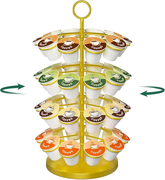 EsLuker.ly K Cup Holder Coffee Pod Organizer Carousel for Counter, Metal Storage Rack Stand for Kitchen, Rotatable 4 Tier Pod Tower Tree for 40 K Cups, Space Saving Meets Elegance, Gold