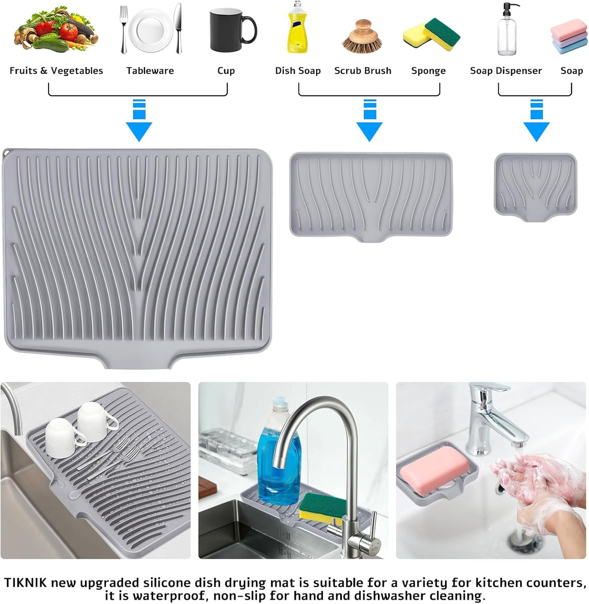Silicone Dish Drying Mat for Kitchen Counter, Dish Drying Pad, Non-Slip Drain Pad with Built-in Drain, Heat Resistant Stone Drying Mat, 1 set XL(Grey)