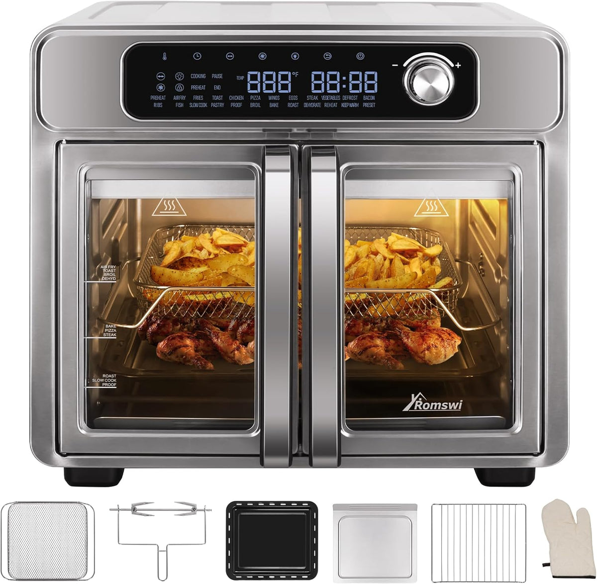 Romswi 26QT French Door Air Fryer Toaster Oven Combo, 24 Cooking Functions and Digital Controls, Fits 12" Pizza, 6 Slices of Toast, Rotisserie 6lb Chicken, 6 Accessories Included