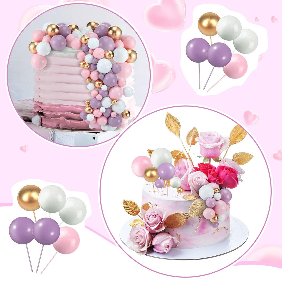 108 Pcs Balls Cake Topper DIY Cupcake Insert Foam Balloons for Cake Baking Wedding Anniversary Birthday Decoration(Pink, Purple, White, Gold,Multi Sizes)