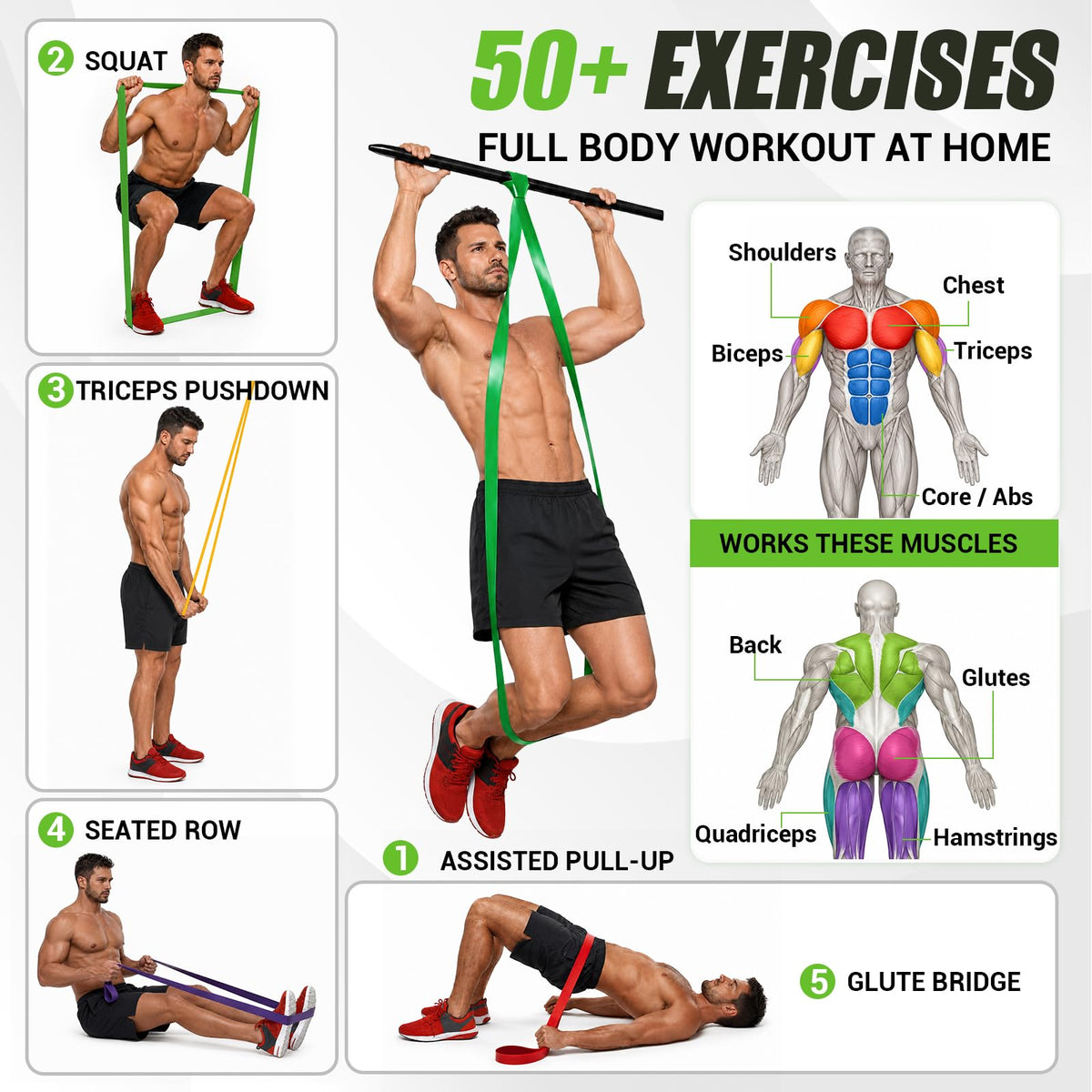 Long Resistance Bands for Working Out, 8-125 Lbs Pull Up Resistance Bands