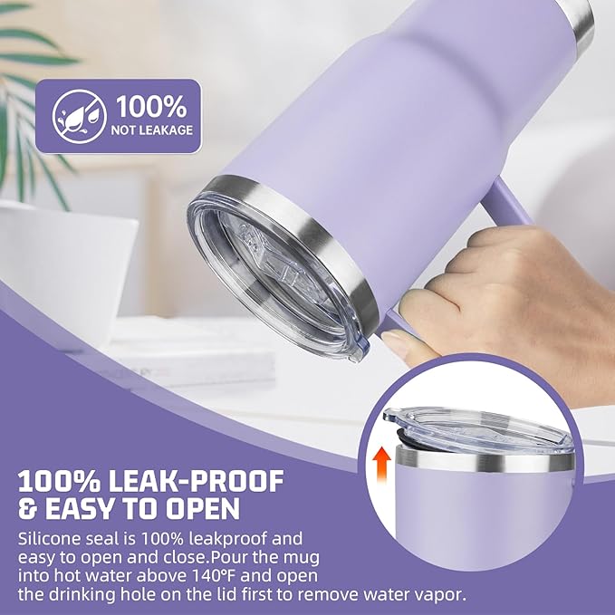20 oz Tumbler with Handle Stainless Steel Insulated Coffee Mug Tumbler with Lid and Straw Double Wall Vacuum Insulated Coffee Mug Leak Proof Travel Tumbler for Hot and Cold Drink (Pale Purple,1pack)