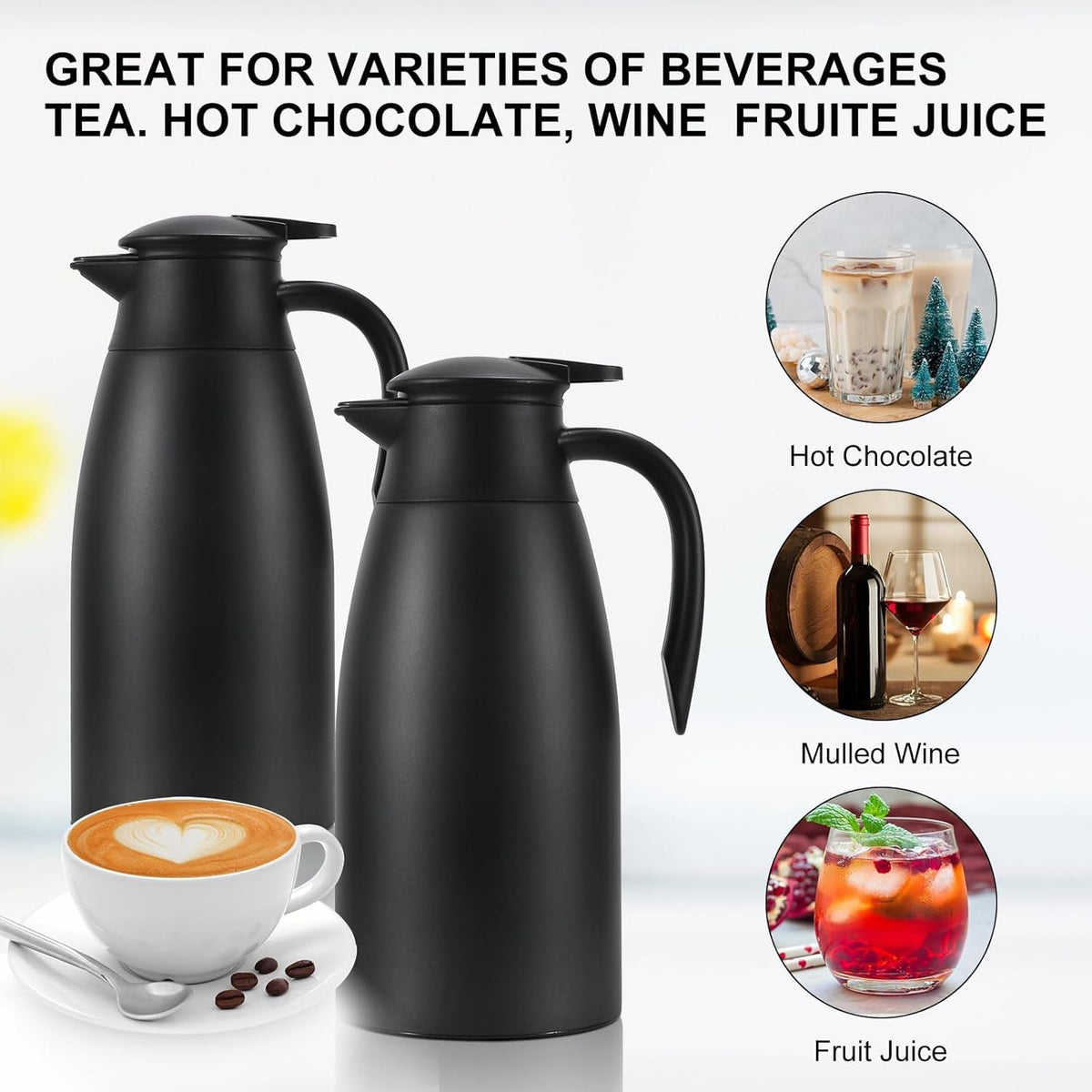 70 oz Thermal Coffee Carafe, Updated 2 PCS Insulated Stainless Steel Coffee Carafes for Keeping Hot Coffee & Water Hot Beverage-12Hours, Double Walled Vacuum Coffee Carafe(Gold+Gold)
