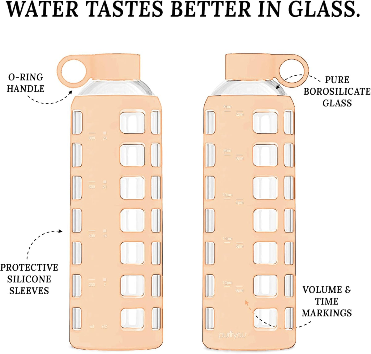 purifyou 40oz / 32oz / 22oz / 12oz Borosilicate Glass Water Bottle with Time & Volume Markers, Silicone Sleeve, Stainless Steel Lid – Reusable Glass Bottle for Water & Juice (40oz Hazelnut)