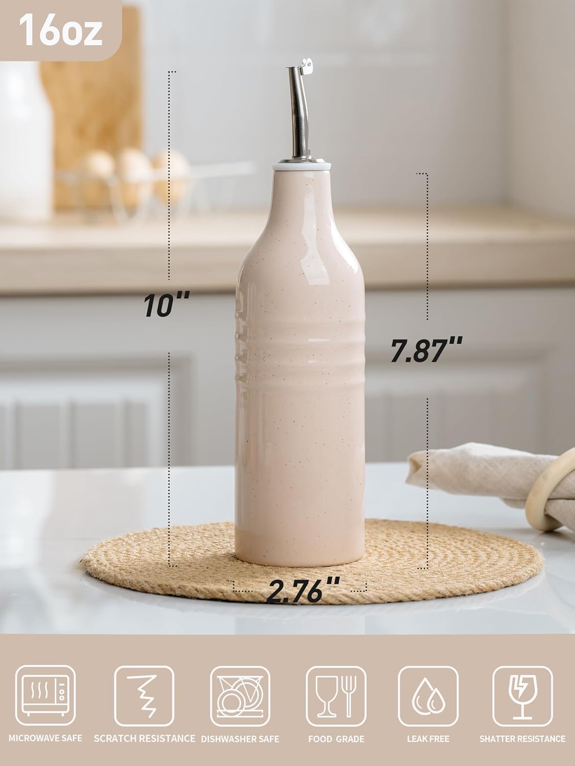 famiware Jupiter 16oz Ceramic Olive Oil Dispenser Bottle, 1 Piece Oil Dispenser for Kitchen with Stainless Steel Pourers, Suitable for Storage Vinegar, Soy Sauce, Coffee Syrup, Light Pink