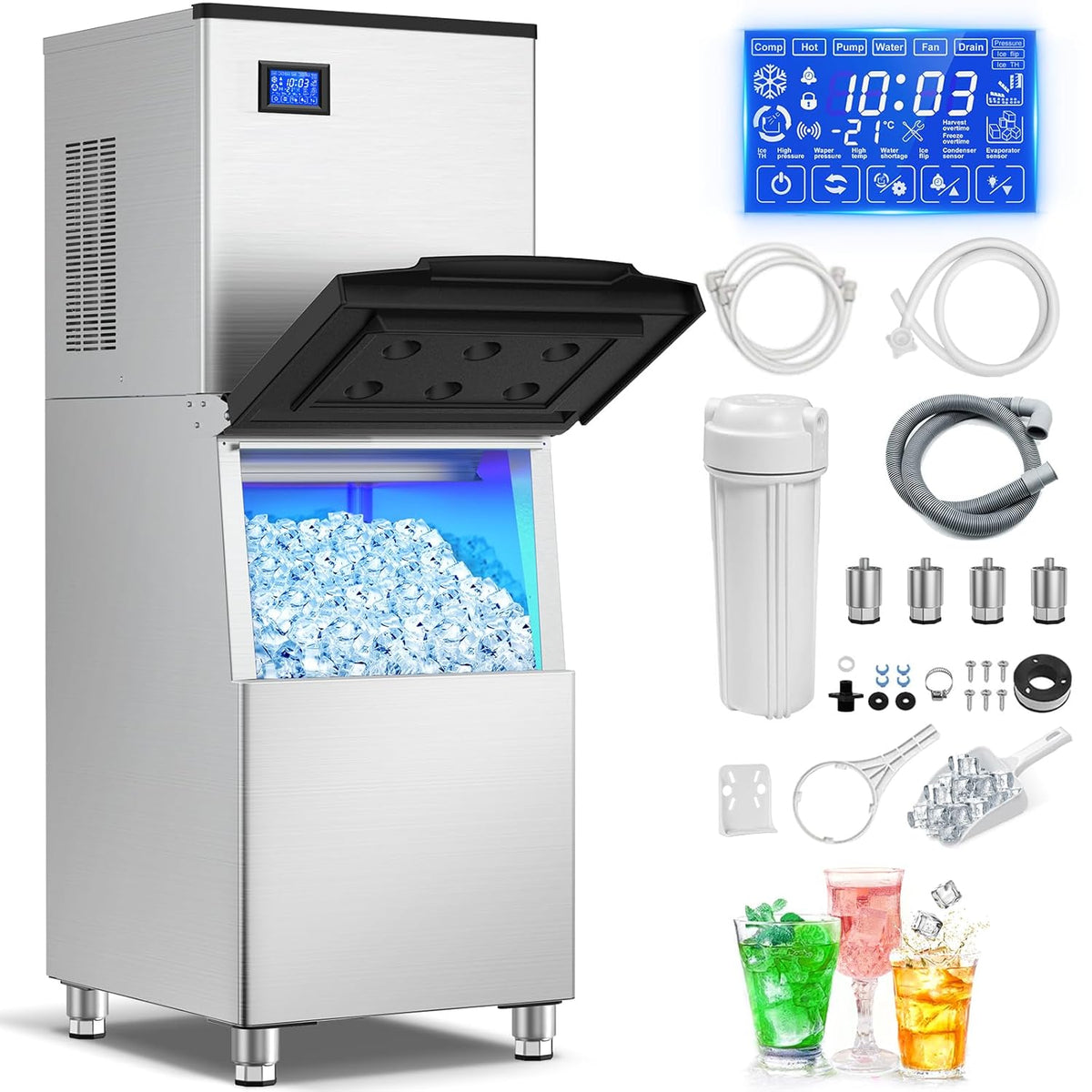 Ice Machine Commercial Ice Maker Machine, 400 Lbs/24H Industrial Ice Machine, 350 Lbs Storage Commercial Ice Machines Free Standing, Cubes Ice Makers Commercial, Restaurant, Cafe, Bar, Hotel