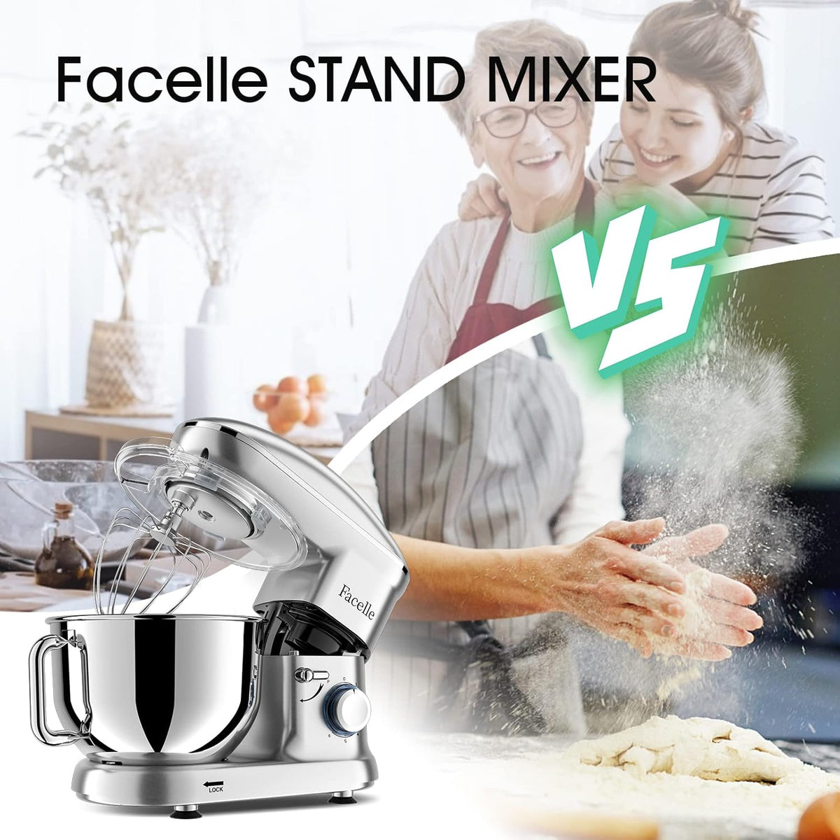 Facelle Stand Mixer, Electric Kitchen Mixer, 6 Speed Tilt-Head Stand Mixer with Pulse, Attachments include 6.5QT Bowl, Dishwasher Safe Beater, Dough Hook, Whisk for Dough, Baking,Cakes, Cookie -Silver