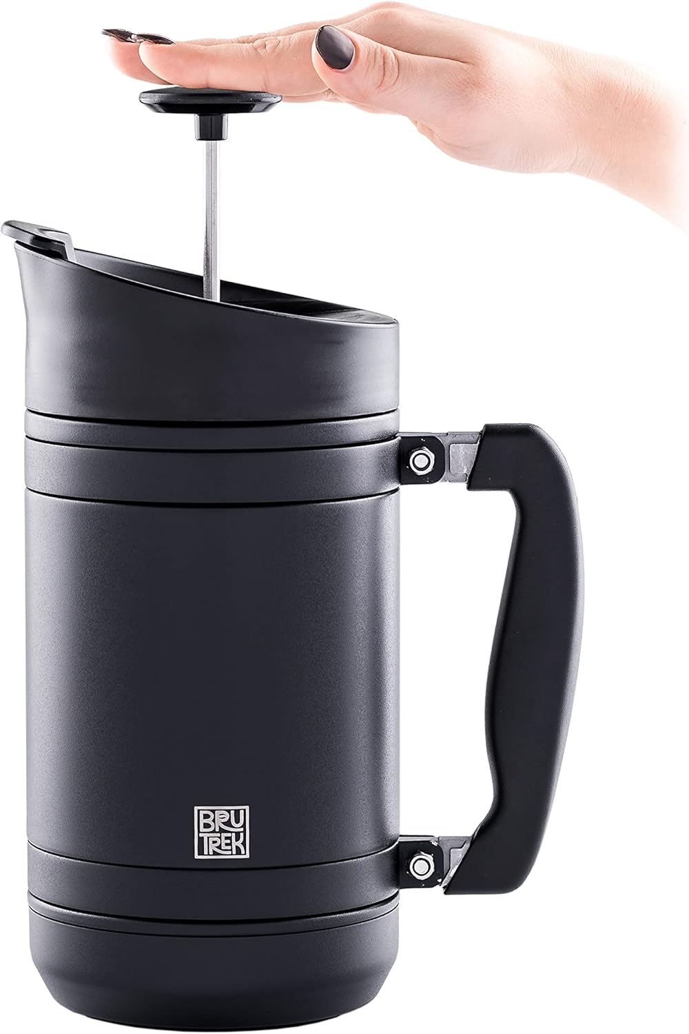 BaseCamp Coffee Press - Double Wall Insulated Stainless Steel - Bru-Stop Technology, No Grounds in Coffee, No Spill Lid (Obsidian, 32 fl.oz)