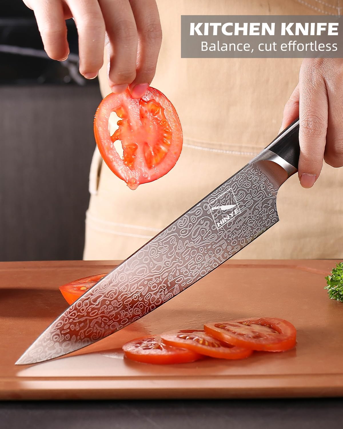 Professional 8" Kitchen Knife, Flex Core German Steel, Non Slip Blackwood Handle. Anti-Stick Blade, Dishwasher Safe, Heavy-Duty for Meat & Veggies