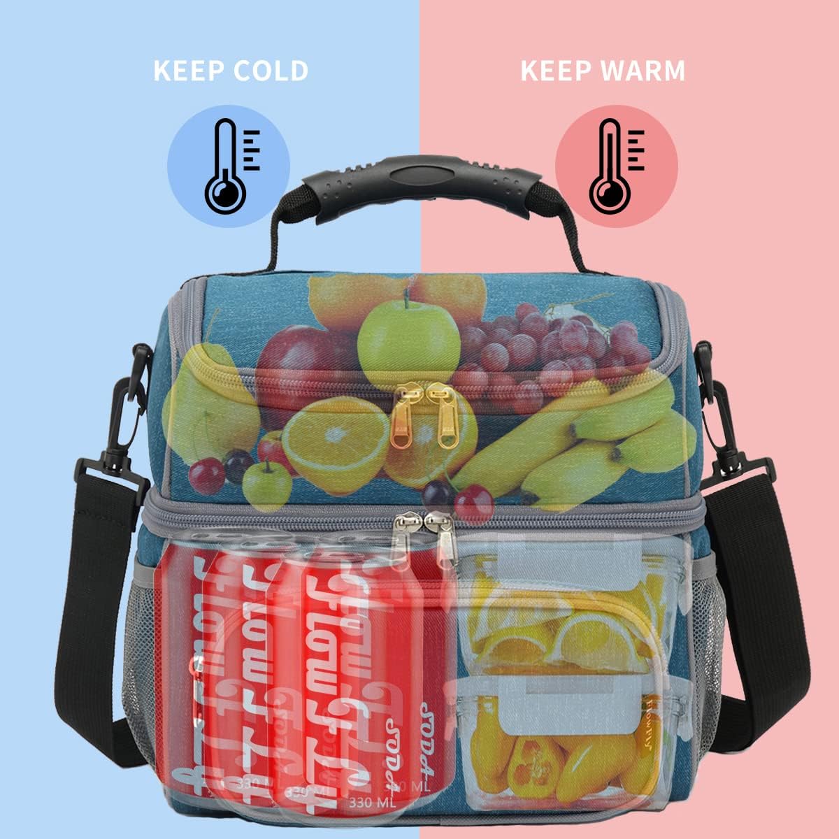 FlowFly Double Layer Cooler Insulated Lunch Bag Adult Lunch Box Large Tote Bag for Men, Women, With Adjustable Strap,Front Pocket and Dual Large Mesh Side Pockets