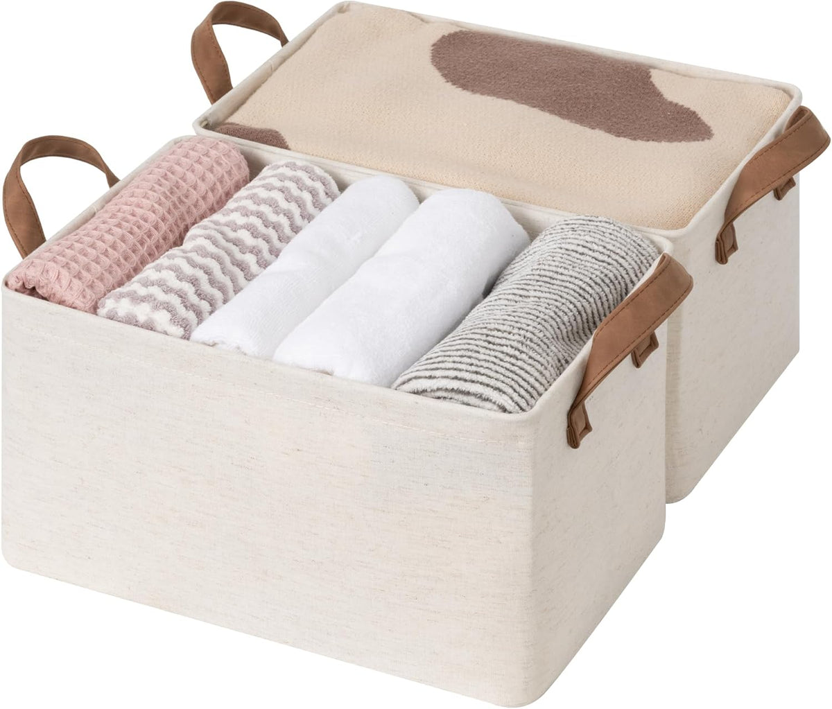StorageWorks Storage Bins, Shelves Baskets for Organizing, Fabric Closet Organizers with Handles, Metal Frame, Beige（Cotton-linen）, 2-Pack