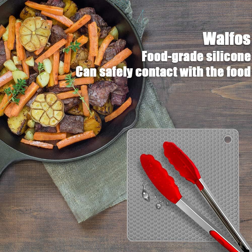 Walfos Silicone Trivet Mats - 4 Heat Resistant Pot Holders, Multipurpose Non-Slip Hot Pads for Kitchen Potholders, Hot Dishers, Jar Opener, Spoon Holder, Food Grade Silicone & BPA Free (Square)