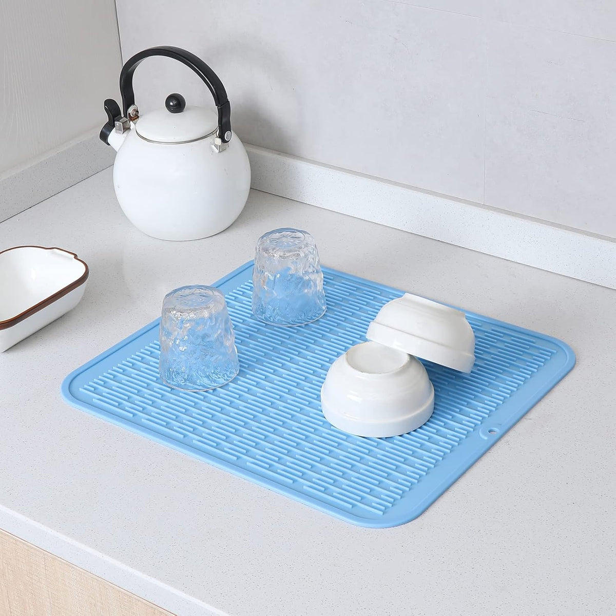 Silicone Dish Drying Mat for Multiple Usage,Easy clean,Eco-friendly,Heat-resistant Silicone Mat for Kitchen Counter or Sink,Refrigerator or Drawer Liner Light Blue XL 18 inches x 16 inches
