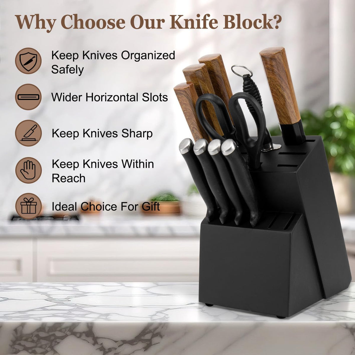 RedCall Universal Knife Block Holder,Large Wood Bamboo Knife Block without Knives,14 Slot Universal Knife Holder Countertop,Butcher Block Knife Storage Organizer for Kitchen (Black)