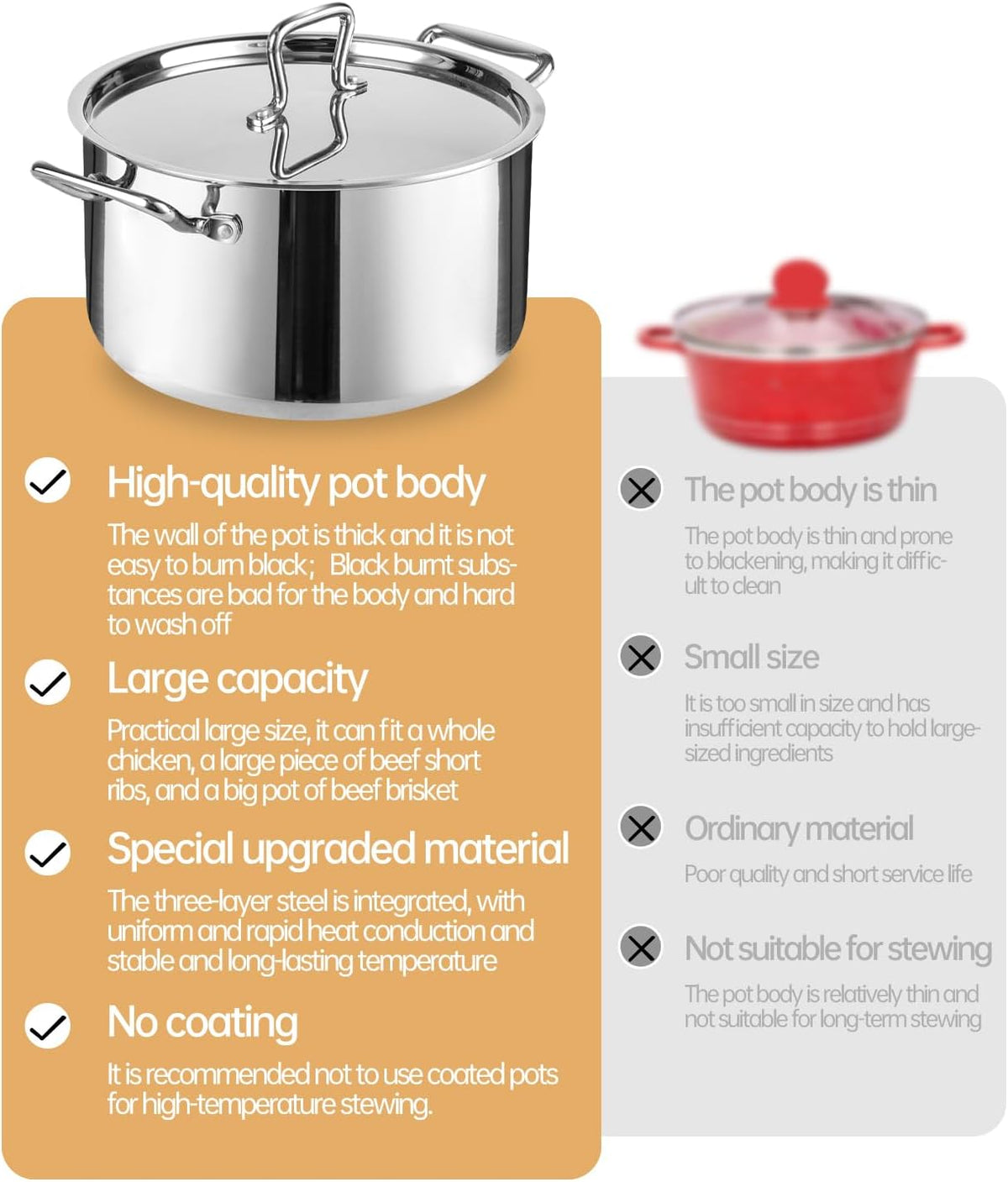 Whole-Clad Tri-Ply Stainless Steel Stockpot with Lid, 8 Quart Large Cooking Pot All Stove Compatible Up to 600℉, 18/8 Stainless Steel Kitchen Induction Ready Cookware