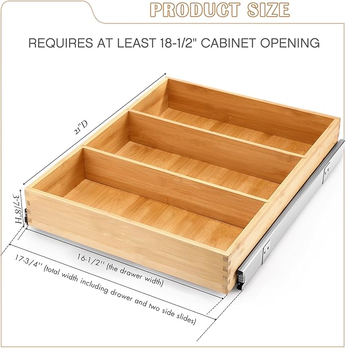 Fabsome Pull Out Cabinet Drawer Organizer for Kitchen, Sliding Bamboo Wood Storage Rack Organization, Gliding Cupboard Shelf for Pantry, Slide Out Spice Rack Container Lid Organizer, 18”W x 21”D
