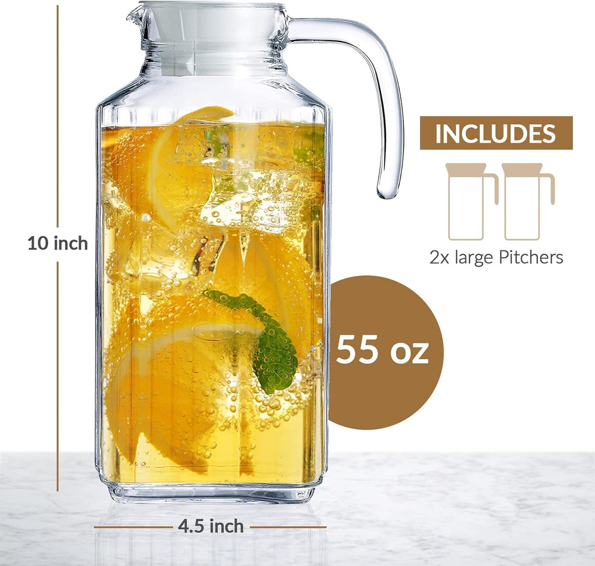 Glass Pitcher with Lid – Set of 2 Glass Water Pitcher 55Oz – Cold Carafe for Ice Tea, Water, Lemonade, Coffee – Elegant and Modern – Practical Spout Pitchers for Drinks