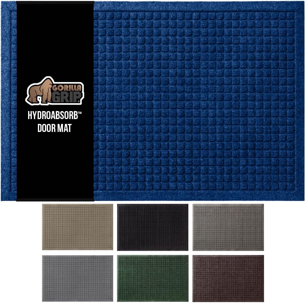 GORILLA GRIP Front Door Mat, 35x23, Indoor Outdoor Ultra Absorbent HydroAbsorb Doormat, Absorbs Up to 5.7 Cups of Water, Stain and Fade Resistant, Rubber Backing Doormats, Captures Dirt, Blue