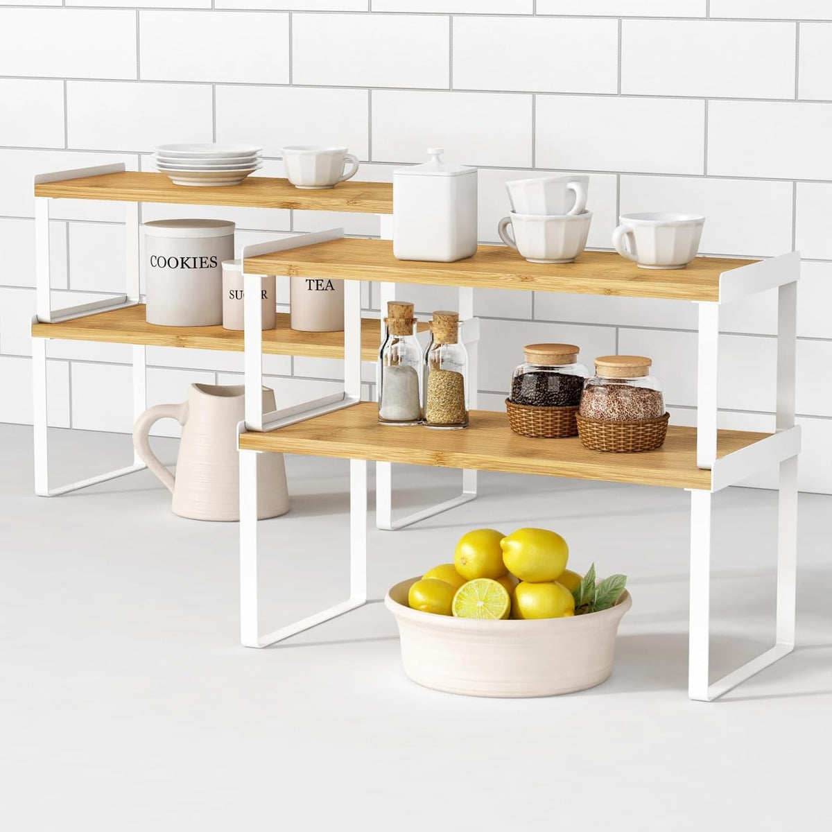 Kitchen Cabinet Organizer Shelf Set of 4, Large Stackable Pantry Cupboard Countertop Storage and Organizer, Desk Shelf Riser, Spice Plate Cup Expandable Storage Rack (Bamboo White)