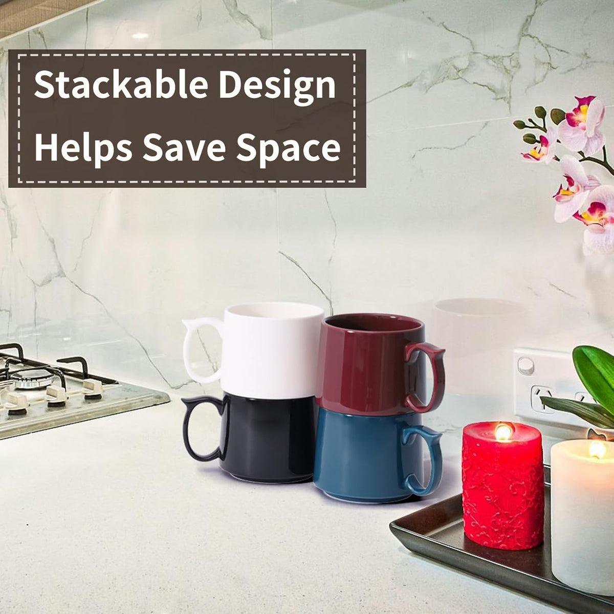 19 oz Large Coffee Mugs Set of 4, Stackable Ceramic Coffee Mugs with Large Handles for Coffee, Latte, Cappuccino, Milk, Dishwasher & Microwave Safe, Ideal for Men, Women, Dads (Multicolor)