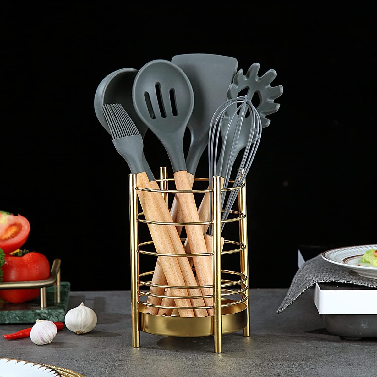 Gold Kitchen Utensil Holder for Kitchen Counter, Stainless Steel Utensil Crocks, Gold Titanium Coating Utensil Storage Caddy Organizer, Cooking Utensil Holder, Easy Cleaning (Gold/7.4''x5.2'')