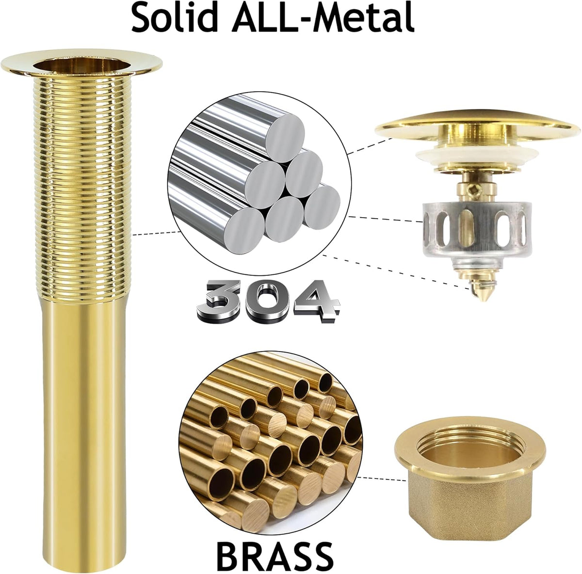 Bathroom Sink Drain, Gold Drain Stopper Bathroom Sink Without Overflow,Pop Up Drain Assembly Without Detachable Strainer Basket,Built-in Anti-Clogging Strainer,Stainless Steel Gold