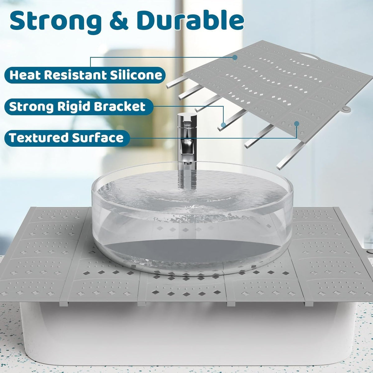Bathroom Sink Cover for Counter Space, Sink Mat Foldable Sink Cover, Silicone Makeup Organizer Mat Space Saver, Small Bathroom & Rv Camper Travel Must Haves Accessories, Grey