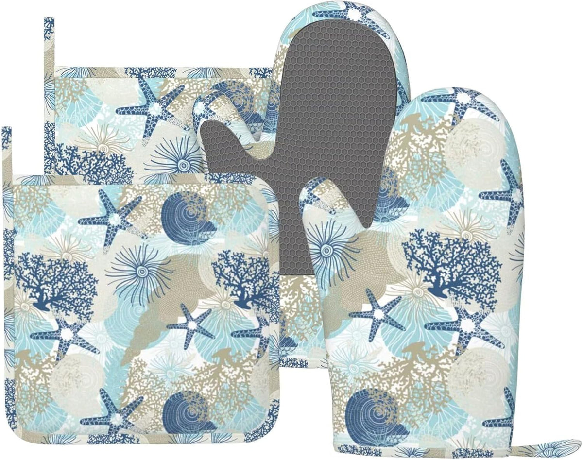 Nautical Coastal Oven Mitts and Pot Holders Set of 4 Silicone Starfish Seashell Coral Algae Beach Themed Blue Kitchen Mitten Gloves Potholders Set Oven Gloves Hot Holders for BBQ