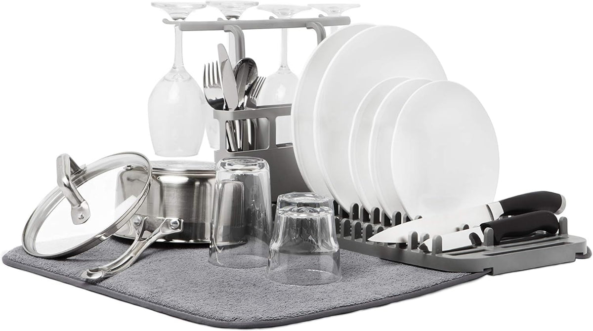 Umbra Udry Dish Rack and Microfiber Drying Mat – Space-Saving Design Folds Up for Easy Storage, Rack with Caddy, Gray
