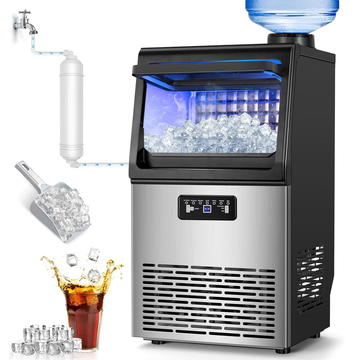Commercial Ice Maker Machine 100LBS/24H with 20LBS Storage Bin, Gallon Water & Facuet Water Inlet, 36PCS 15" Wide Undercounter/Freestanding Ice Maker Machine for Home Bar Outdoor, Self Cleaning