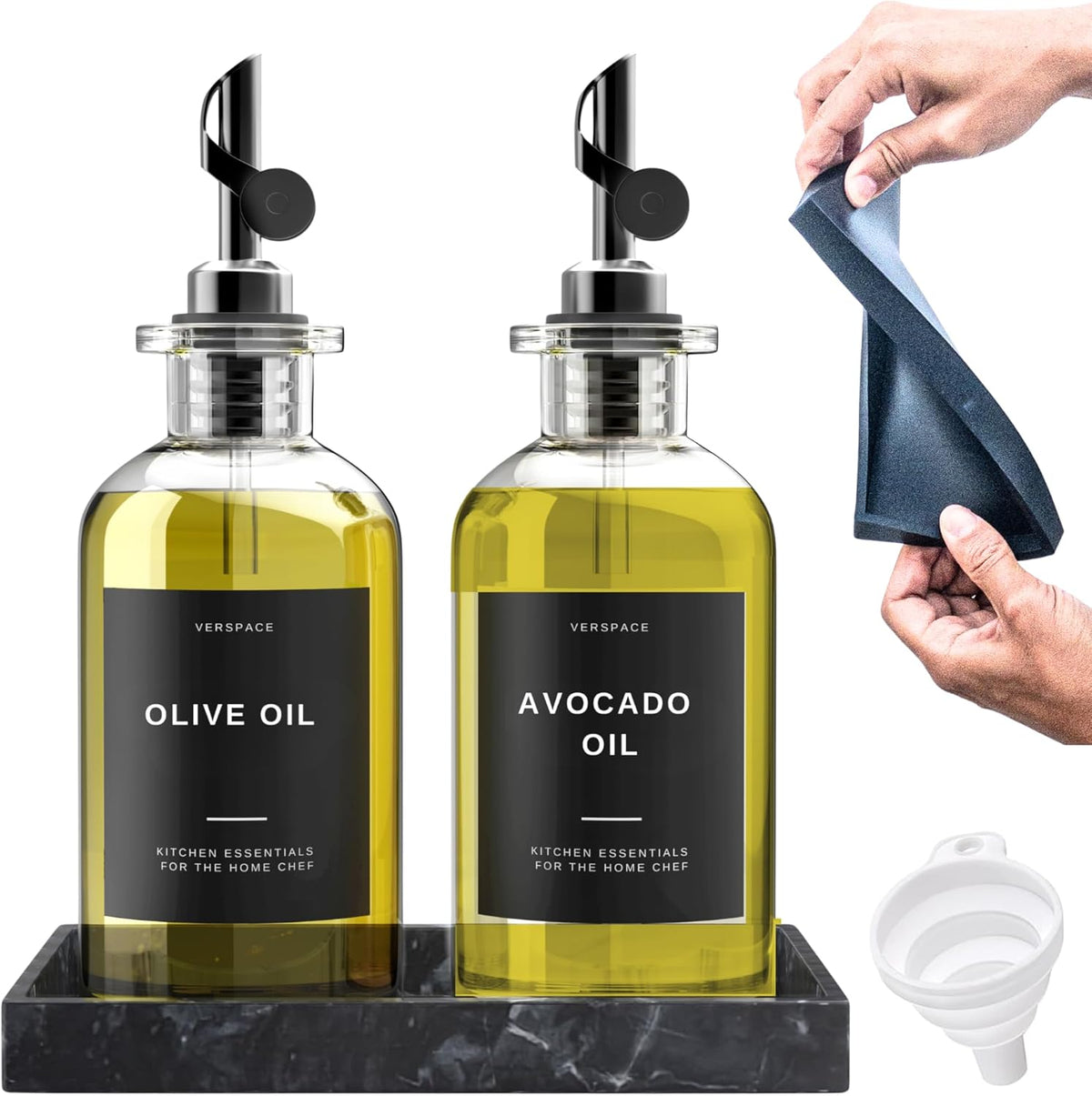 Olive Oil Dispenser Bottle For Kitchen With Silicone Tray & 40 Labels, Soy Sauce Dispenser, Coffee Syrup Dispenser, Olive Oil Bottles Set Of 2, Black
