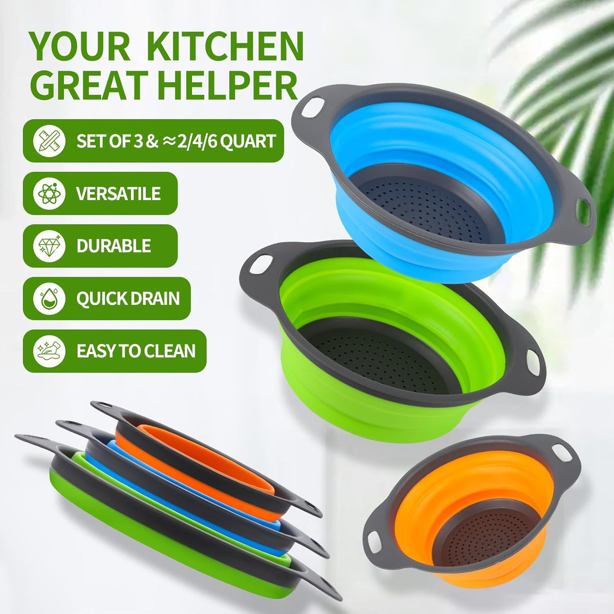 Tri-Color Silicone Collapsible Colander Set (3Pcs 2/4/6 QT) - Space Saving Foldable Strainers with Non-Slip Base for Pasta, Veggies & Camping, Dishwasher Safe Instant Fold Kitchen Gadget