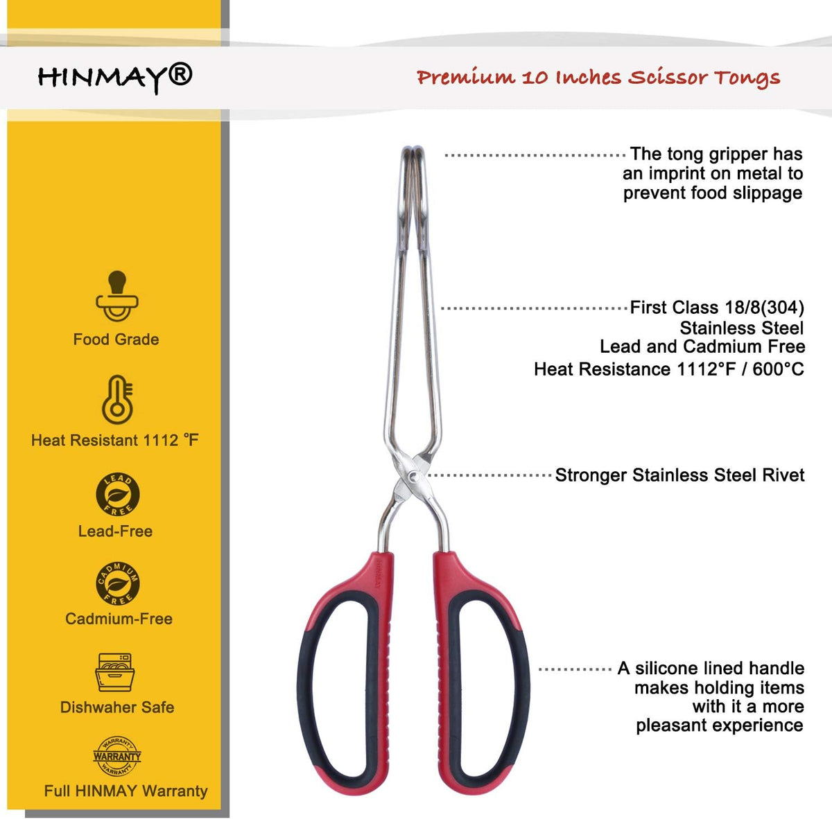 Stainless Steel Scissor Tongs with Comfort-Grip Handle 10-Inch